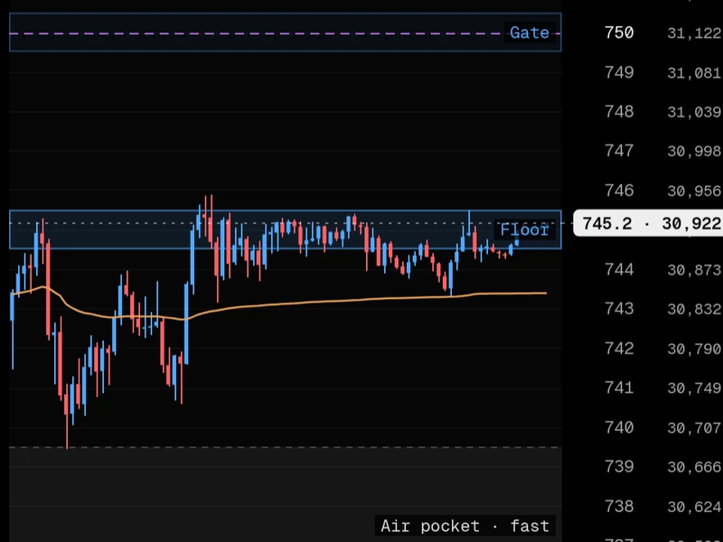 NQ candles with the gate, floor and an air pocket drawn on price, next to the strike axis